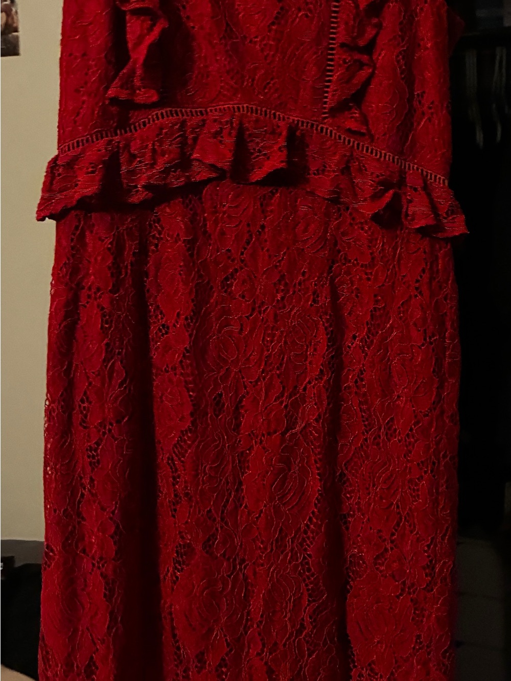 NSR Red Lace Maxi Dress with Ruffle Detail